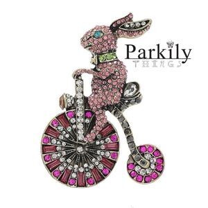 Brooch rabbit, riding an old-fas bicycle adorned with sparkly crys…